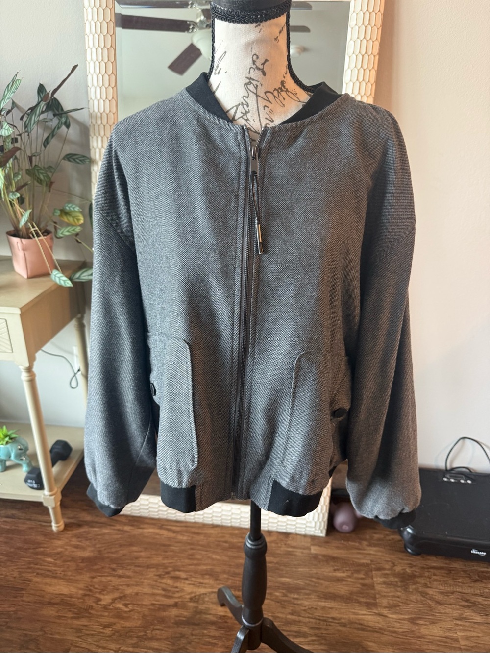 Democracy Charcoal Gray Bomber Jacket with Button-Flap Pockets